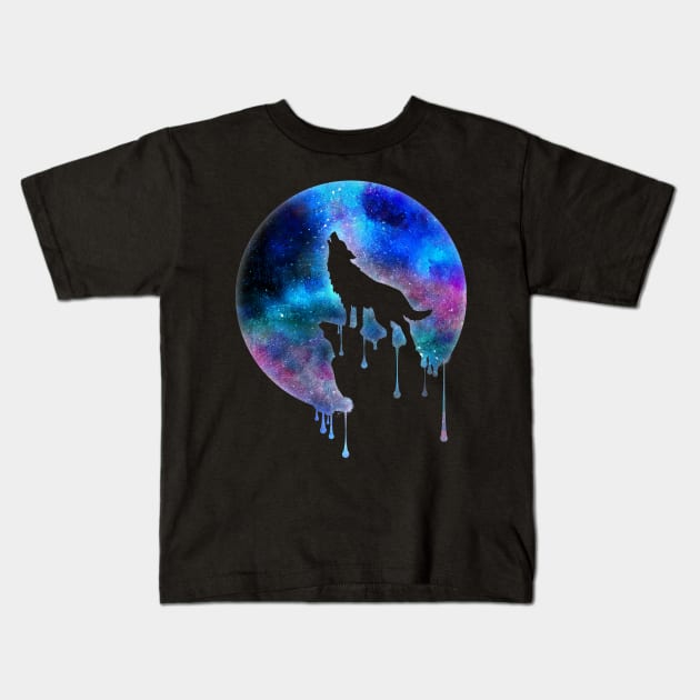 Howling Wolf - Full Moon - watercolour - Art - Trend - Splatter- Gift - Universe - Space - Galaxy Kids T-Shirt by CheesyB